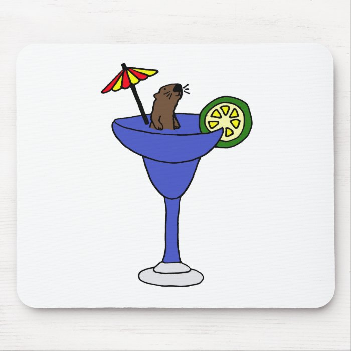 Funny Sea Otter in Blue Margarita Drink Mousepads