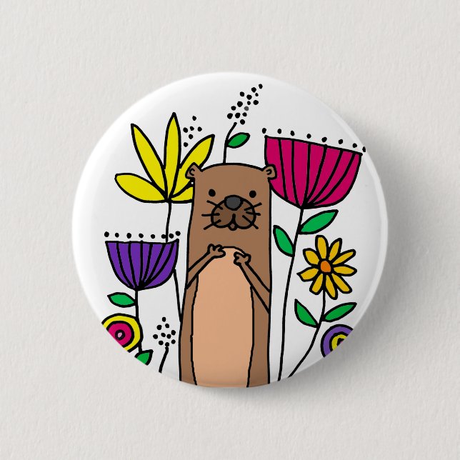 Funny Sea Otter in Flower Garden Cartoon Button (Front)