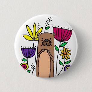 Funny Sea Otter in Flower Garden Cartoon Button