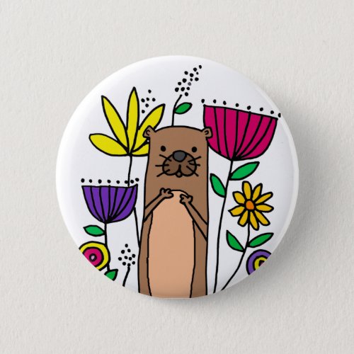 Funny Sea Otter in Flower Garden Cartoon Button