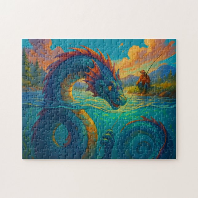 Funny sea serpent playing with a fisherman fantasy jigsaw puzzle (Horizontal)