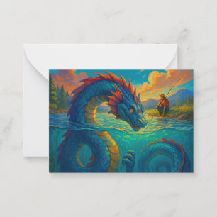 Funny sea serpent playing with a fisherman fantasy note card