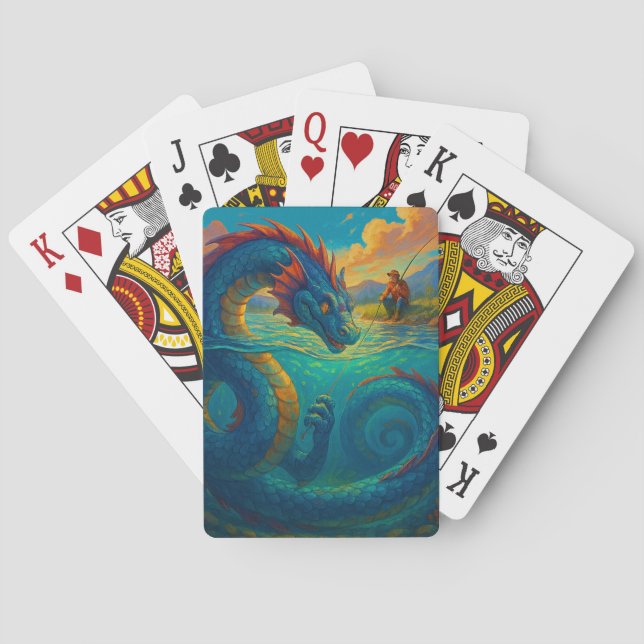 Funny sea serpent playing with a fisherman fantasy poker cards (Back)