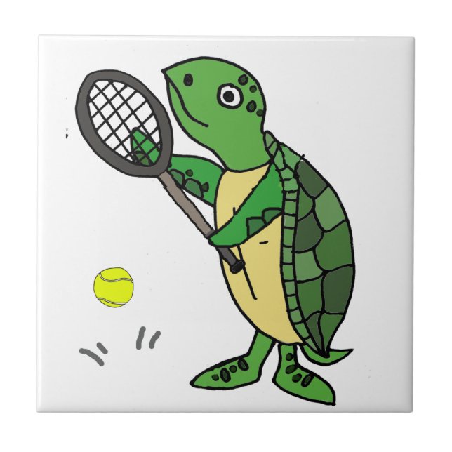 Funny Sea Turtle Playing Tennis Cartoon Ceramic Tile (Front)