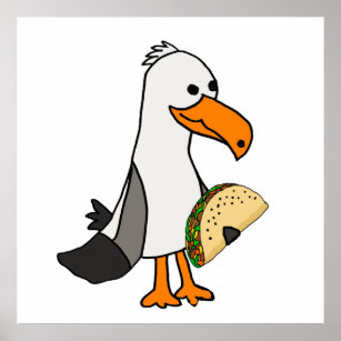 Funny Seagull Bird eating Taco Cartoon Poster