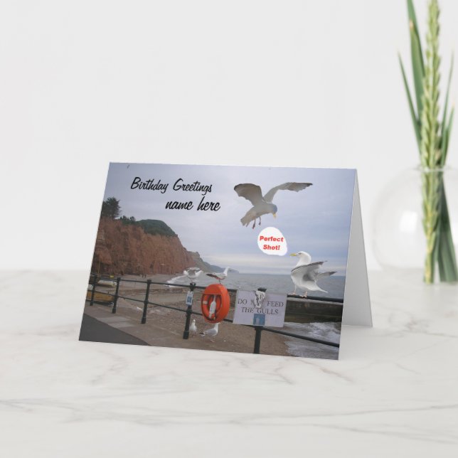 Funny seagull birthday card customizable, add name (Front)