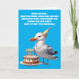 Funny Seagull Birthday Riddle – Cake at Risk! Card