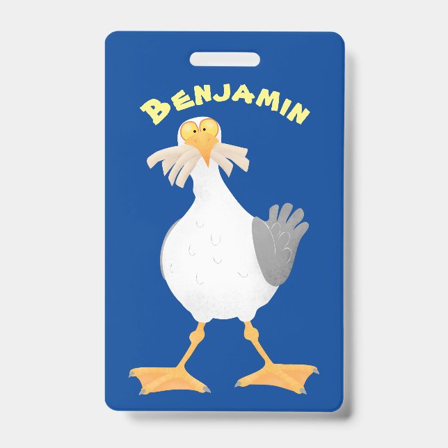 Funny seagull with French fries cartoon Badge (Front)