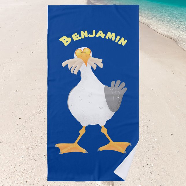 Funny seagull with French fries cartoon Beach Towel (Have fun in the sun with this cartoon seagull beach towel.)
