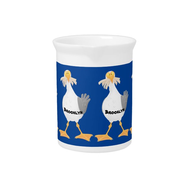 Funny seagull with French fries cartoon Beverage Pitcher (Front)