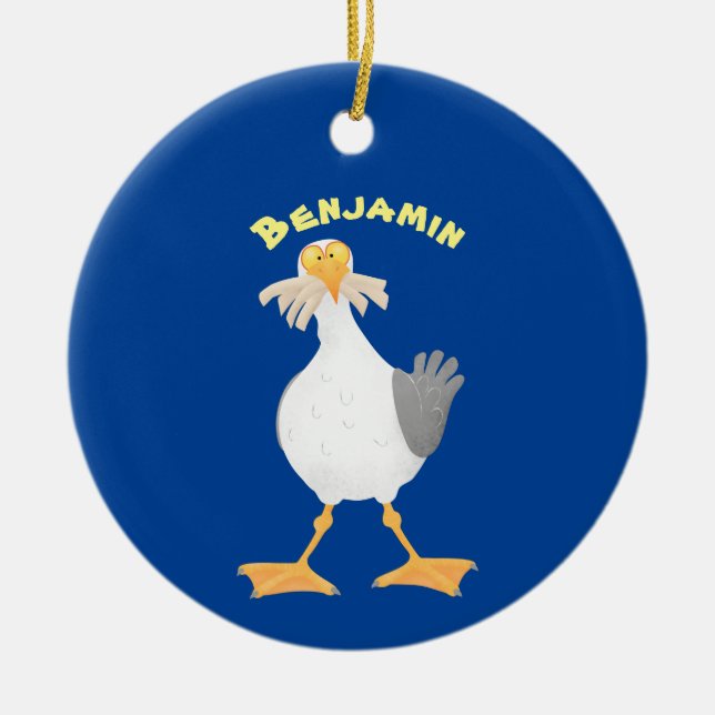 Funny seagull with French fries cartoon Ceramic Ornament (Front)