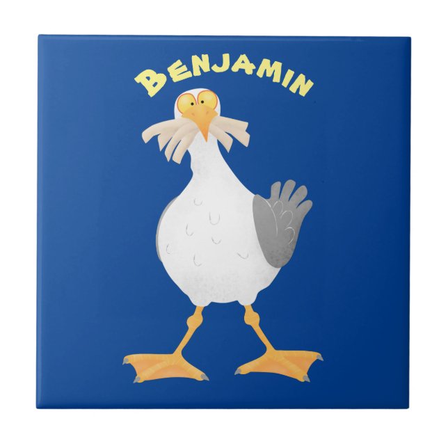 Funny seagull with French fries cartoon Ceramic Tile (Front)