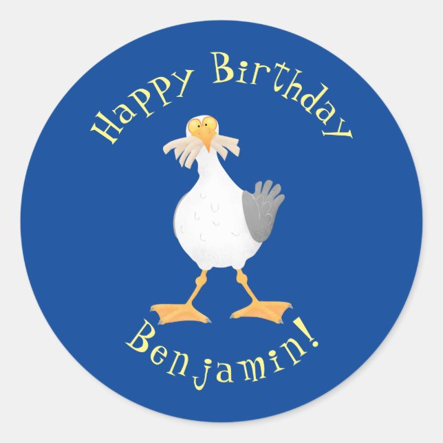 Funny seagull with French fries cartoon Classic Round Sticker (Front)
