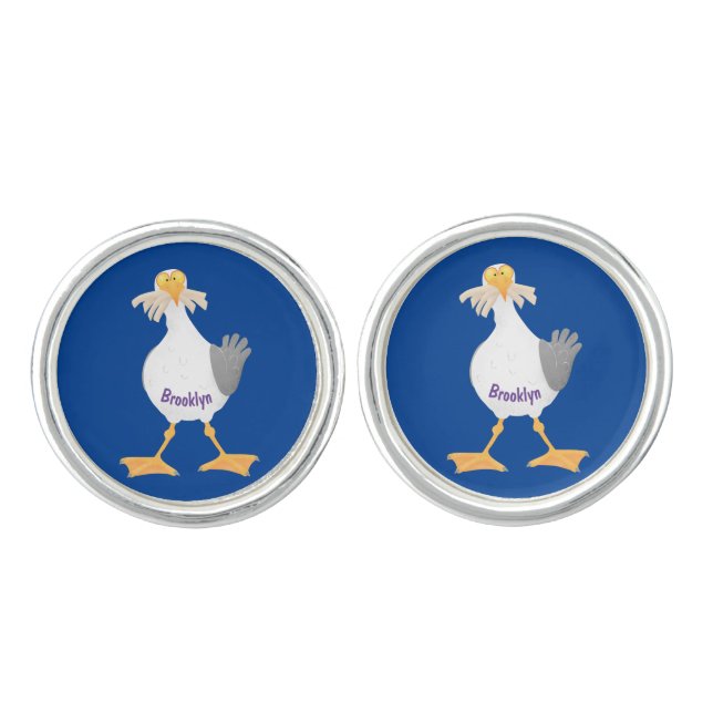 Funny seagull with French fries cartoon Cufflinks (Front)