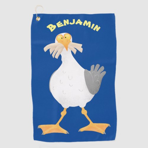 Funny seagull with French fries cartoon  Golf Towel