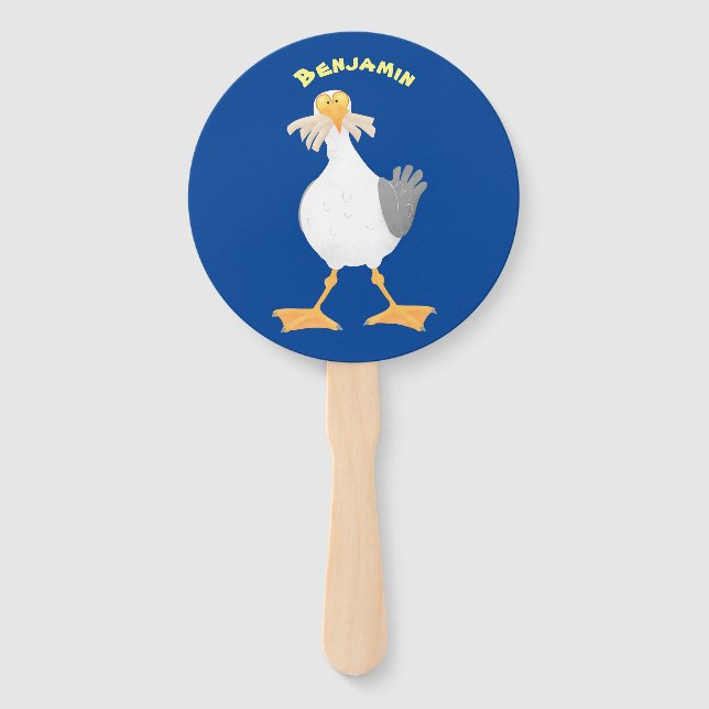 Funny seagull with French fries cartoon Hand Fan (Front)