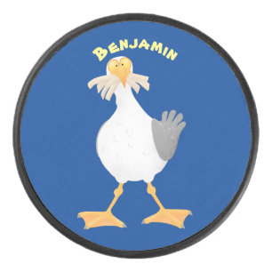 Funny seagull with French fries cartoon Hockey Puck