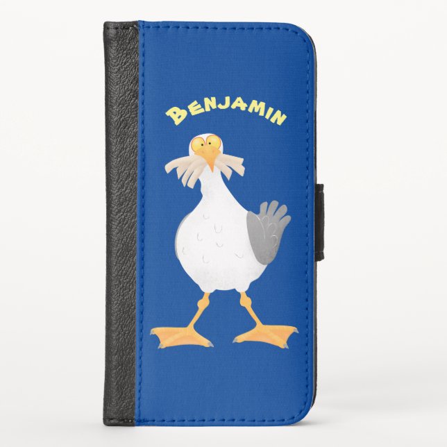 Funny seagull with French fries cartoon iPhone Wallet Case (Front)