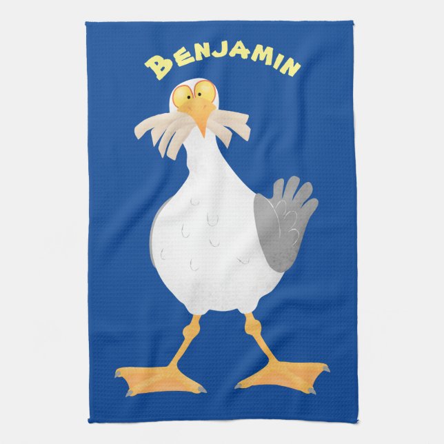 Funny seagull with French fries cartoon Kitchen Towel (Vertical)