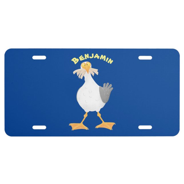 Funny seagull with French fries cartoon License Plate (Front)
