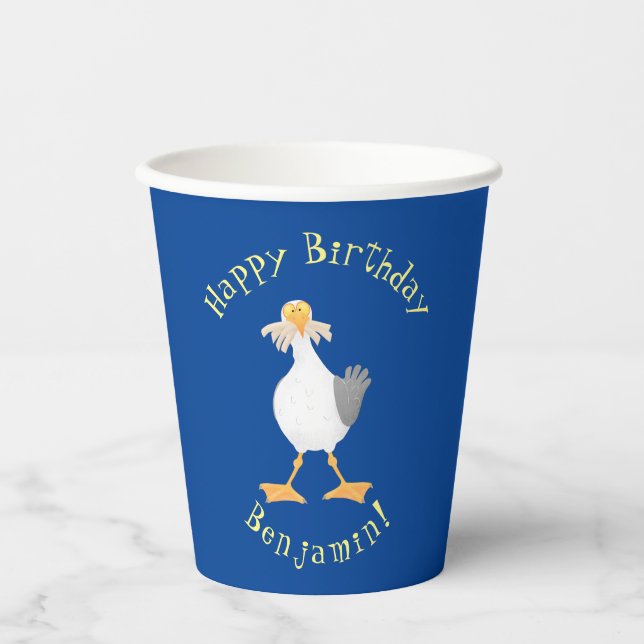 Funny seagull with French fries cartoon Paper Cups (Front)
