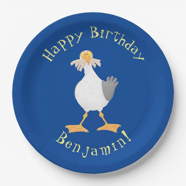 Funny seagull with French fries cartoon Paper Plates (Front)