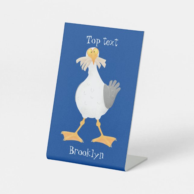 Funny seagull with French fries cartoon Pedestal Sign (Front)