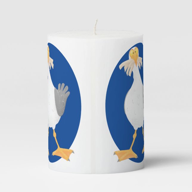 Funny seagull with French fries cartoon Pillar Candle (Back)