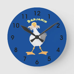 Funny seagull with French fries cartoon Round Clock