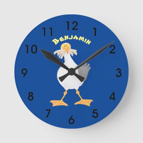 Funny seagull with French fries cartoon Round Clock