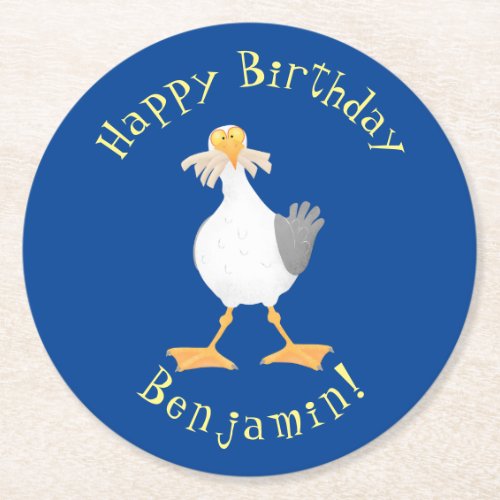 Funny seagull with French fries cartoon Round Paper Coaster