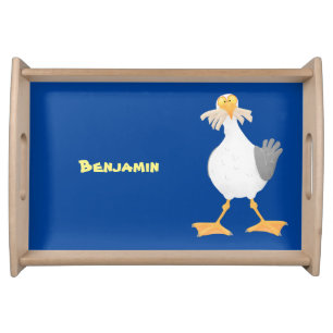 Funny seagull with French fries cartoon Serving Tray