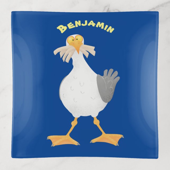 Funny seagull with French fries cartoon Trinket Tray (Front)