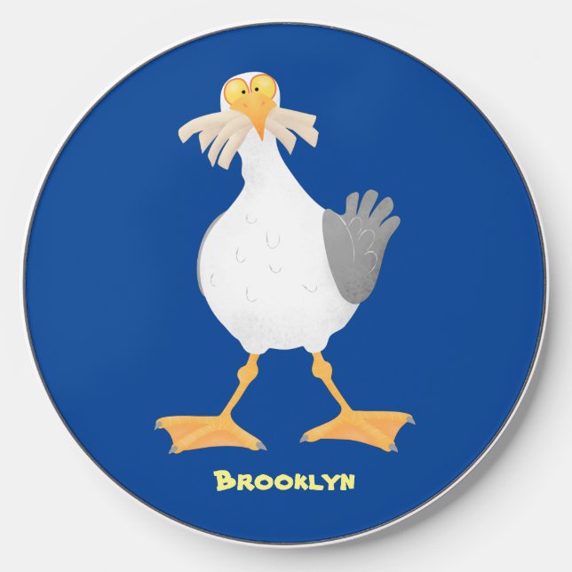 Funny seagull with French fries cartoon Wireless Charger (Front)