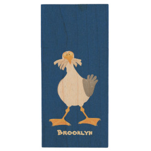 Funny seagull with French fries cartoon Wood Flash Drive