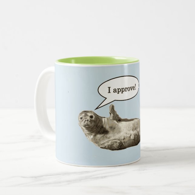 Funny seal of approval pun Two-Tone coffee mug (Front Left)