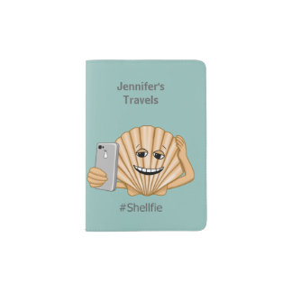 Funny Seashell Taking Cell Phone Shellfie Selfie Passport Holder