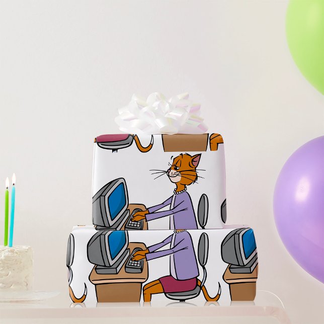 Funny Secretary Cat Cartoon Office Humor  Wrapping Paper (Creator Uploaded)