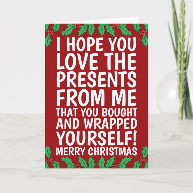 Funny Self Bought Gifts Merry Christmas Typography Holiday Card (Front)