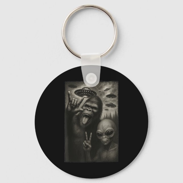 Funny Selfie Bigfoot Alien Sasquatch Rock On Hand  Keychain (Front)