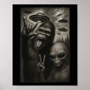 Funny Selfie Bigfoot Alien Sasquatch Rock On Hand  Poster
