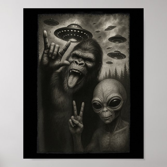 Funny Selfie Bigfoot Alien Sasquatch Rock On Hand  Poster (Front)