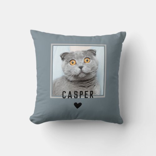 Funny Sentimental Blue with Heart Cat Photo Name Throw Pillow