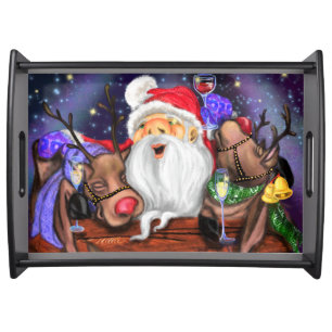 Funny Serving Tray Santa and Reindeers Party