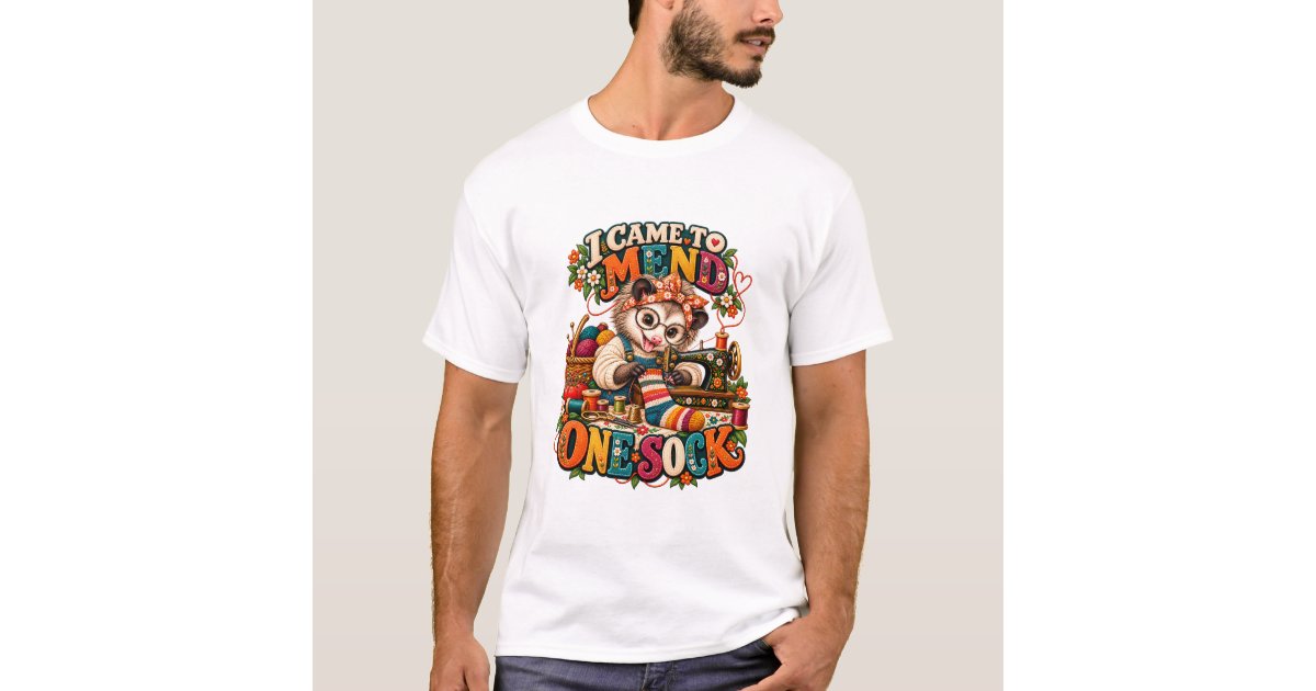 Official Zazzle apparel mockup with Funny Sewing Opossum — Vintage Craft Lover