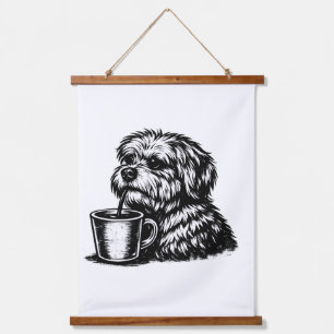 Funny Shaggy Dog Drinking Coffee Wood Wall Tapest Hanging Tapestry
