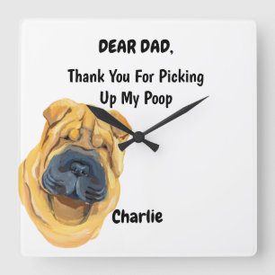 Funny Shar pei Dog Dad Watercolor Canine Art Square Wall Clock