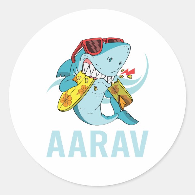 Funny Shark - Aarav Name Classic Round Sticker (Front)