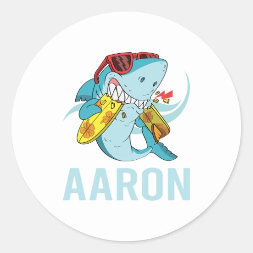 Funny Shark _ Aaron Name Classic Round Sticker