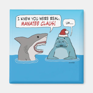 Funny Shark and Manatee Claus Christmas Magnet